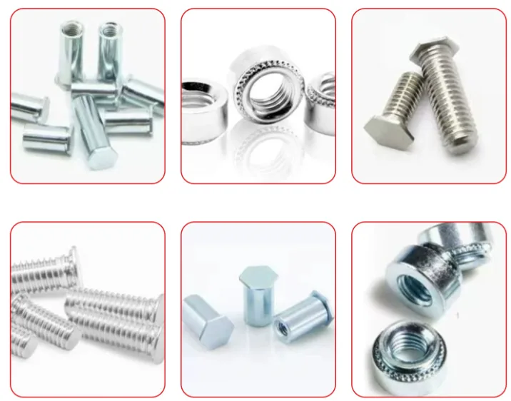 Hydraulic riveting machine fasteners including self-clinching nuts, standoffs, screws, rivet nuts, rivet nut columns, and press-fit threaded fasteners