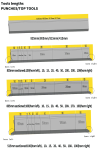 YRS press brake punch top tools lengths and sectioned layout