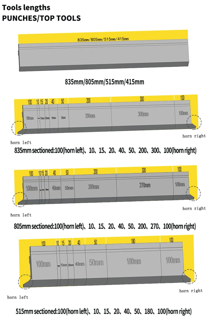 YRS press brake punch top tools lengths and sectioned layout