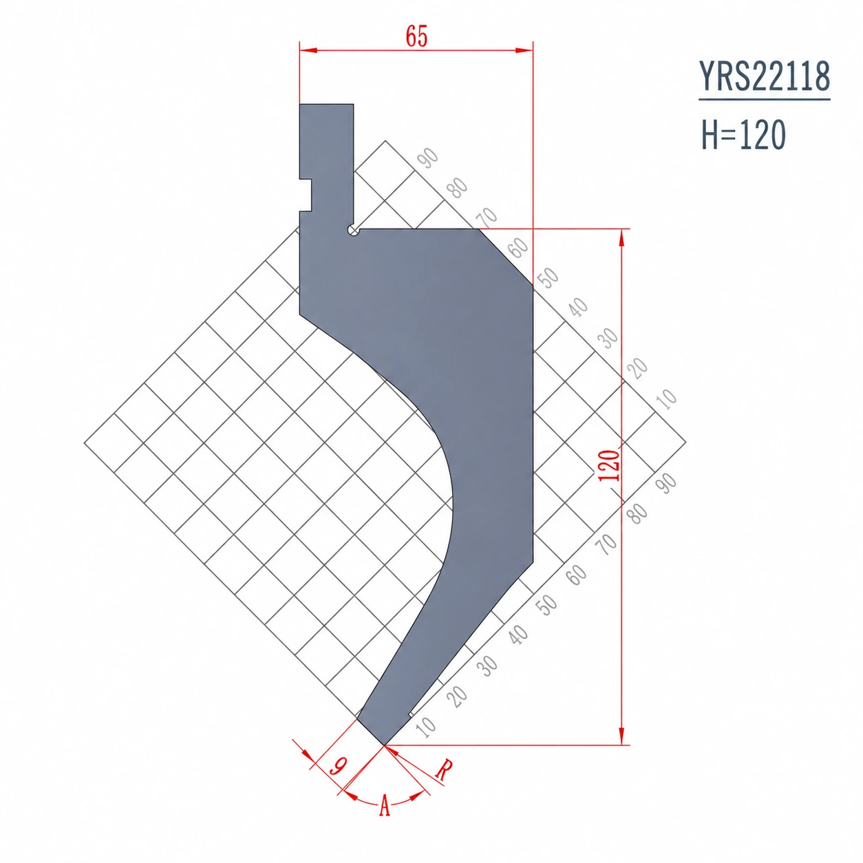 YRS22118 H120 85 degree 88 degree European press brake gooseneck punch technical drawing
