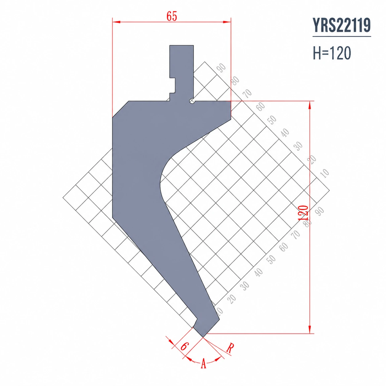 YRS22119 H120 85 degree 88 degree European press brake gooseneck punch technical drawing