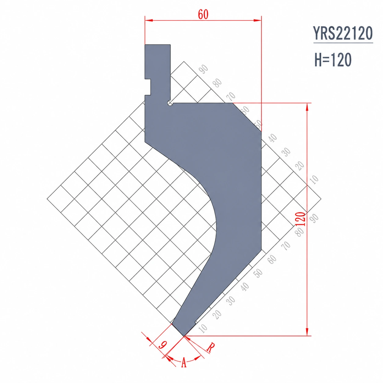 YRS22120 H120 85 degree 88 degree European press brake gooseneck punch technical drawing
