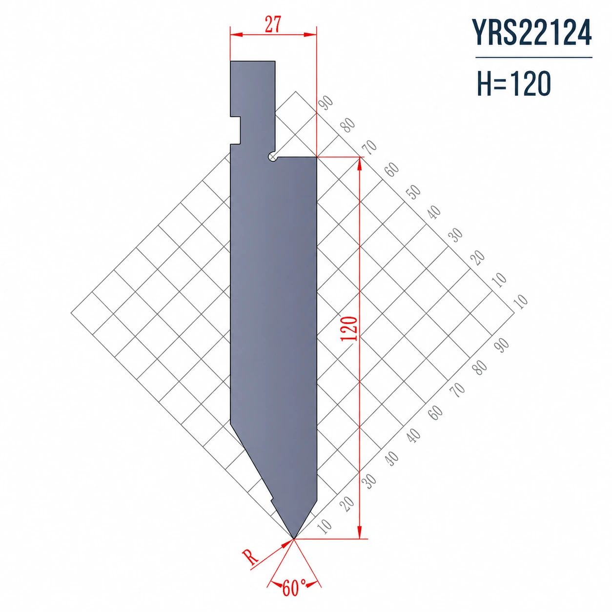 YRS22124 H120 60 degree European press brake punch technical drawing