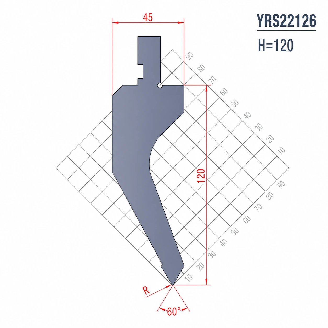 YRS22126 H120 60 degree European press brake punch technical drawing