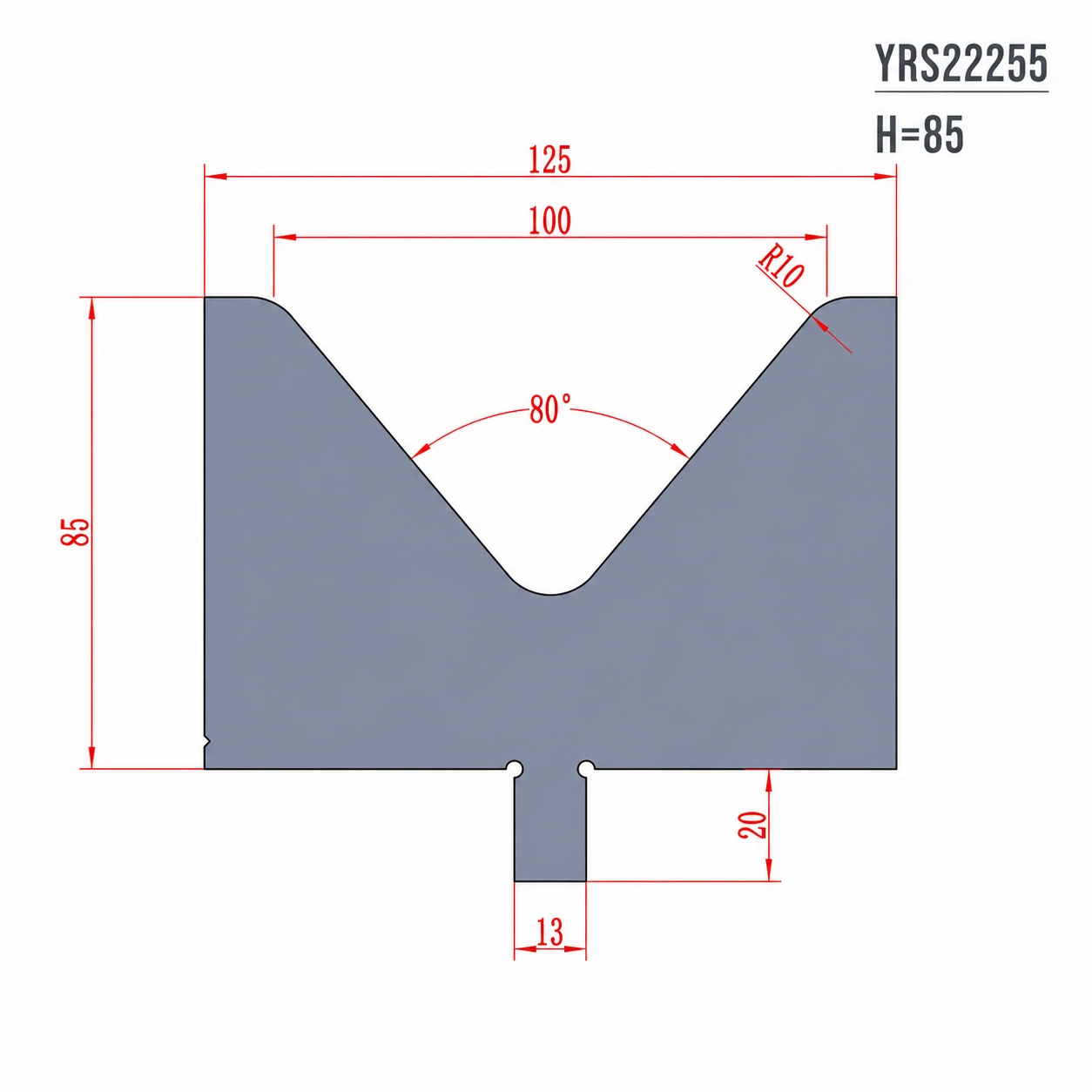 YRS22255 H85 V100 European press brake die technical drawing