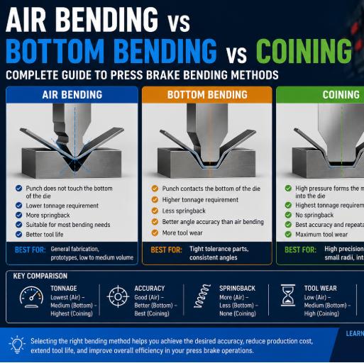 Air Bending vs Bottom Bending vs Coining comparison showing press brake bending methods, punch and die operation, tonnage, springback, and CNC sheet metal bending guide