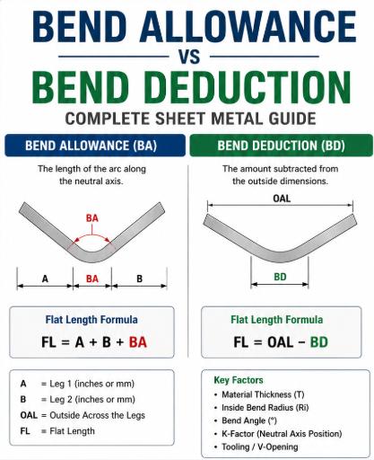 Bend Allowance vs Bend Deduction guide showing sheet metal bend diagrams, flat length formulas, K-factor, inside bend radius, and a 90-degree bending example.