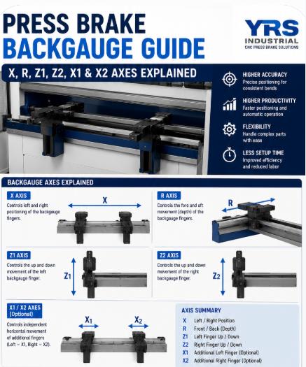 Press Brake Backgauge Guide showing X, R, Z1, Z2, X1 and X2 axes, servo backgauge finger movement, multi-axis configurations, and Delem CNC integration.