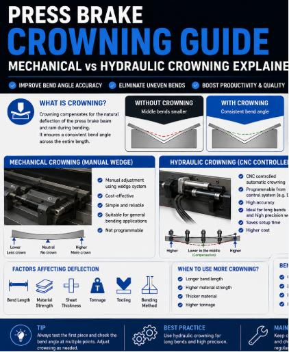 Press Brake Crowning Guide comparing mechanical wedge crowning and hydraulic crowning systems for CNC press brakes, showing machine deflection compensation, bend angle accuracy, and Delem CNC control