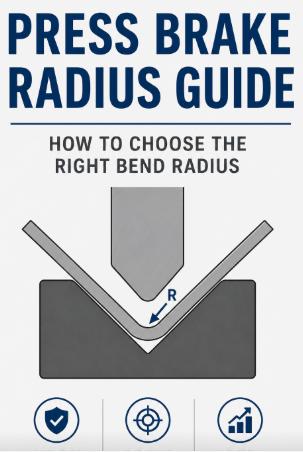 Press brake radius guide infographic showing the inside bend radius (R) in a punch and V-die setup, explaining how to choose the correct bend radius to improve bending accuracy and prevent sheet metal cracking.