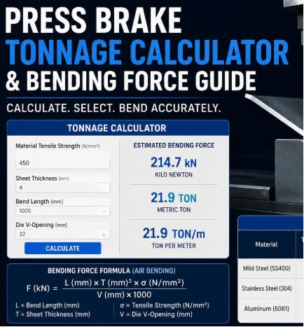 Press Brake Tonnage Calculator and Bending Force Guide showing CNC press brake tonnage calculation, V-opening selection, bending force formula, and sheet metal bending tooling
