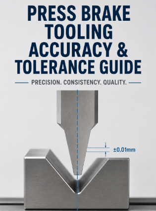 Press brake tooling accuracy showing a precisely centered punch and V-die with tight tolerance measurement.