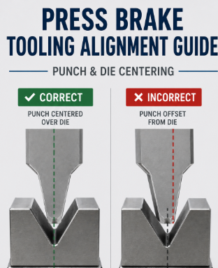 Press brake tooling alignment showing correct and incorrect punch and die centering.