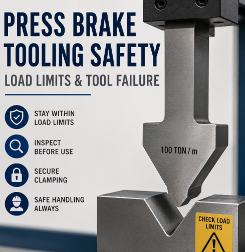 Press brake tooling safety showing punch and V-die load limits, secure clamping and tool failure prevention.