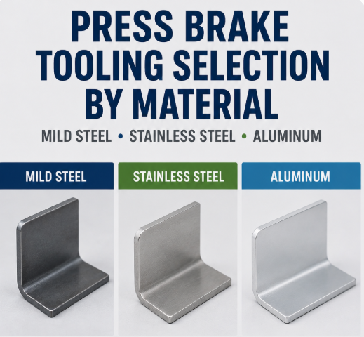 Press brake tooling selection for mild steel, stainless steel and aluminum with punch and V-die.
