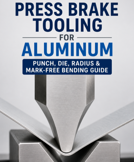 Press brake tooling for aluminum showing a punch and V-die forming aluminum sheet with a smooth bend radius.