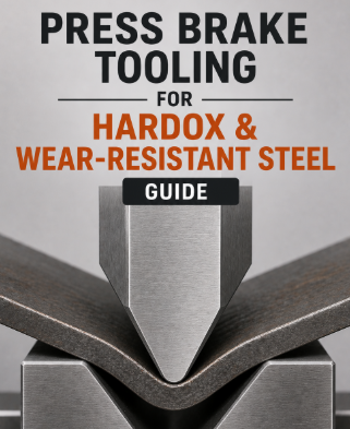 Press brake tooling for Hardox and wear-resistant steel showing a heavy-duty punch and V-die bending thick abrasion-resistant plate.