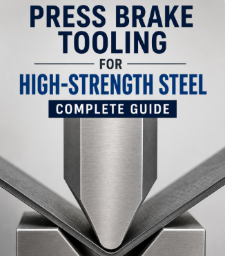 Press brake tooling for high-strength steel showing a heavy-duty punch and V-die bending thick high-strength steel sheet.