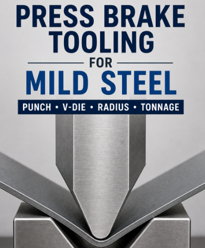 Press brake tooling for mild steel showing a punch and V-die forming a mild steel sheet.