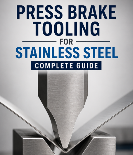 Press brake tooling for stainless steel showing a punch and V-die bending stainless steel sheet.