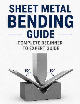 Sheet metal bending guide infographic showing a CNC press brake forming a 90-degree bend with a punch and V-die, illustrating the fundamentals of sheet metal bending, tooling, bend radius, and bending accuracy.