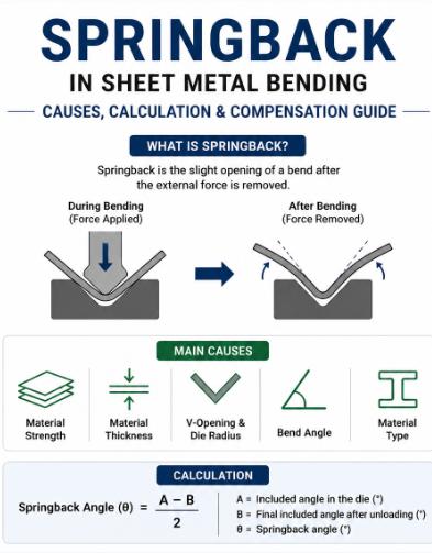Springback in sheet metal bending infographic showing the causes of springback, bend angle recovery, overbending, CNC angle compensation, V-opening effects, and press brake springback correction methods.