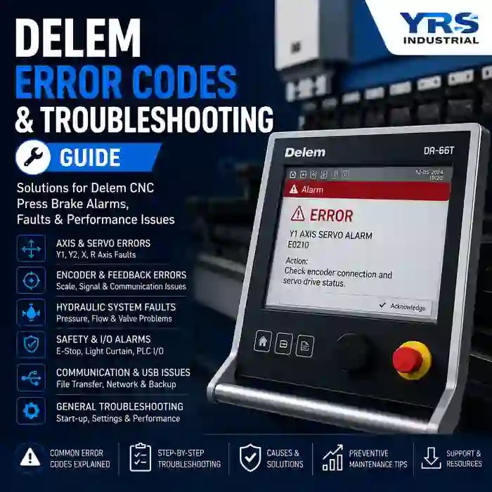 Delem Error Codes and Troubleshooting Guide for CNC press brake controllers including DA-53T, DA-58T, DA-66S and DA-69T