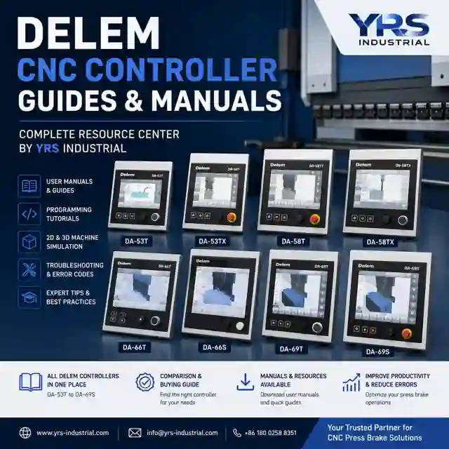 Delem CNC press brake controller guides and user manuals including DA-53T, DA-53TX, DA-58T, DA-58TX, DA-66T, DA-66S, DA-69T and DA-69S by YRS Industrial