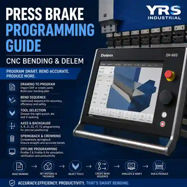 Press Brake Programming Guide featuring CNC bending workflow, Delem controller, bend sequence, tooling selection, and offline programming.